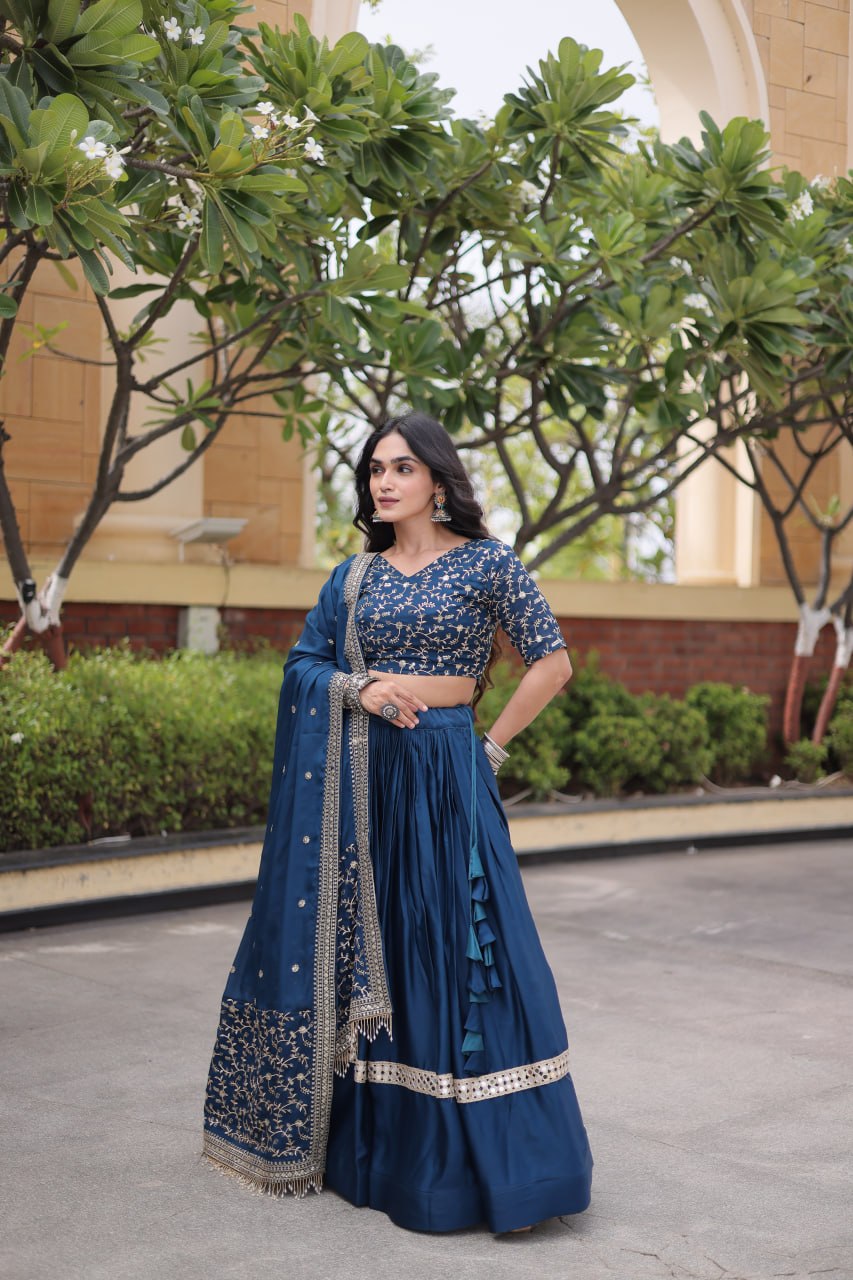 Navy Blue Glory Satin Embroidered Lehenga Choli Set
