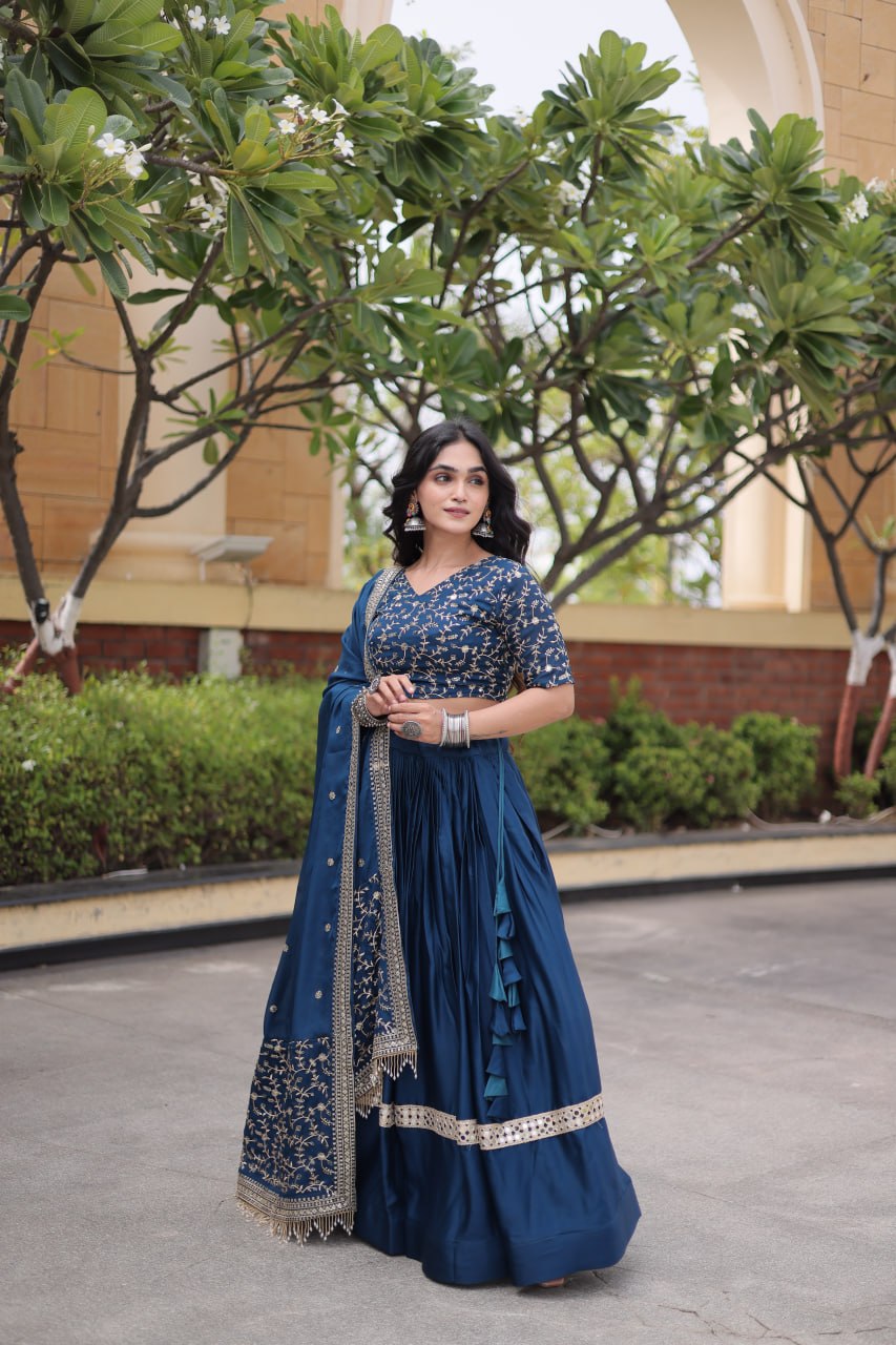 Navy Blue Glory Satin Embroidered Lehenga Choli Set