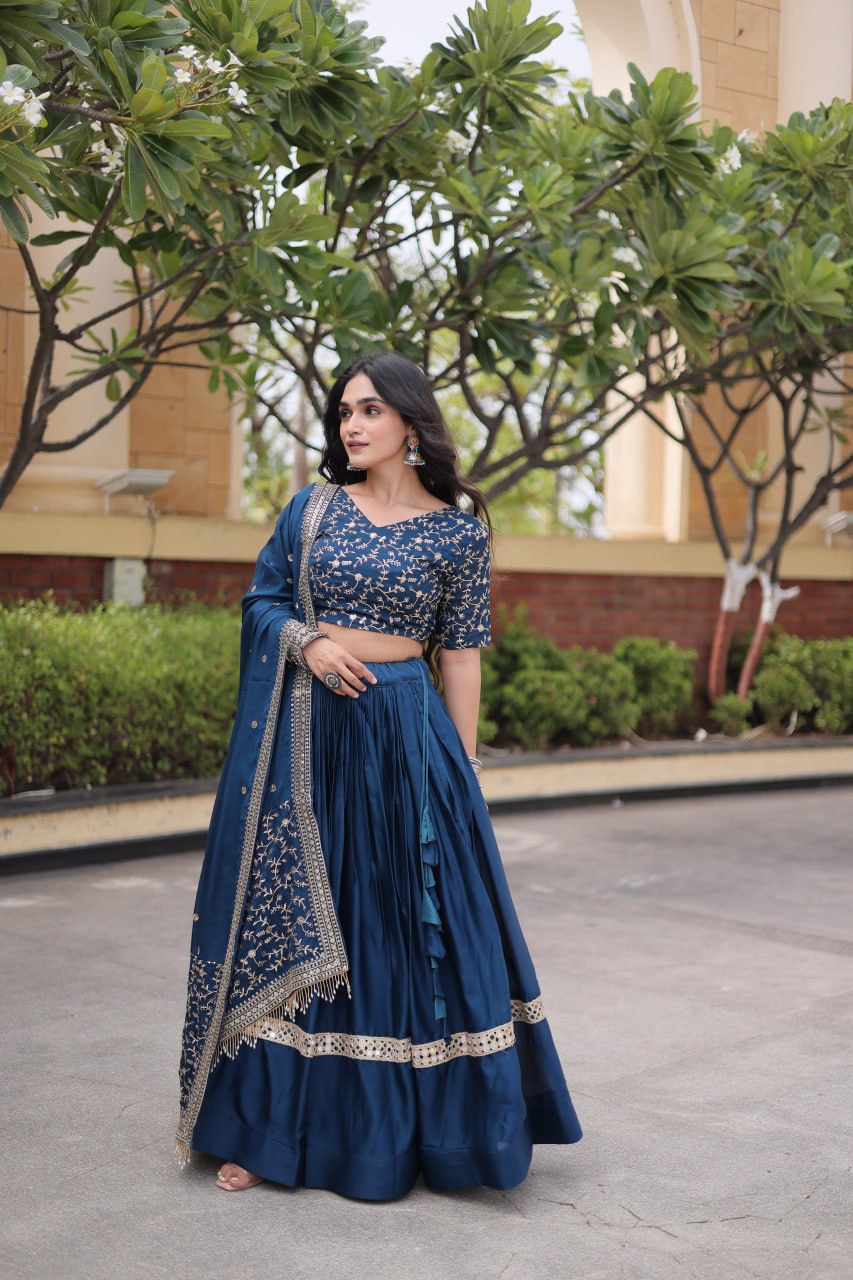 Navy Blue Glory Satin Embroidered Lehenga Choli Set