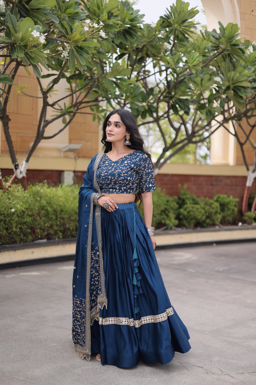 Navy Blue Glory Satin Embroidered Lehenga Choli Set