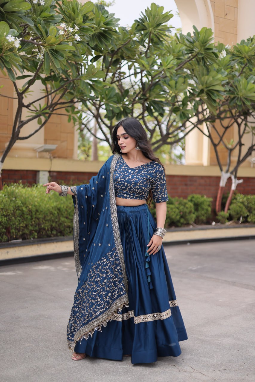 Navy Blue Glory Satin Embroidered Lehenga Choli Set