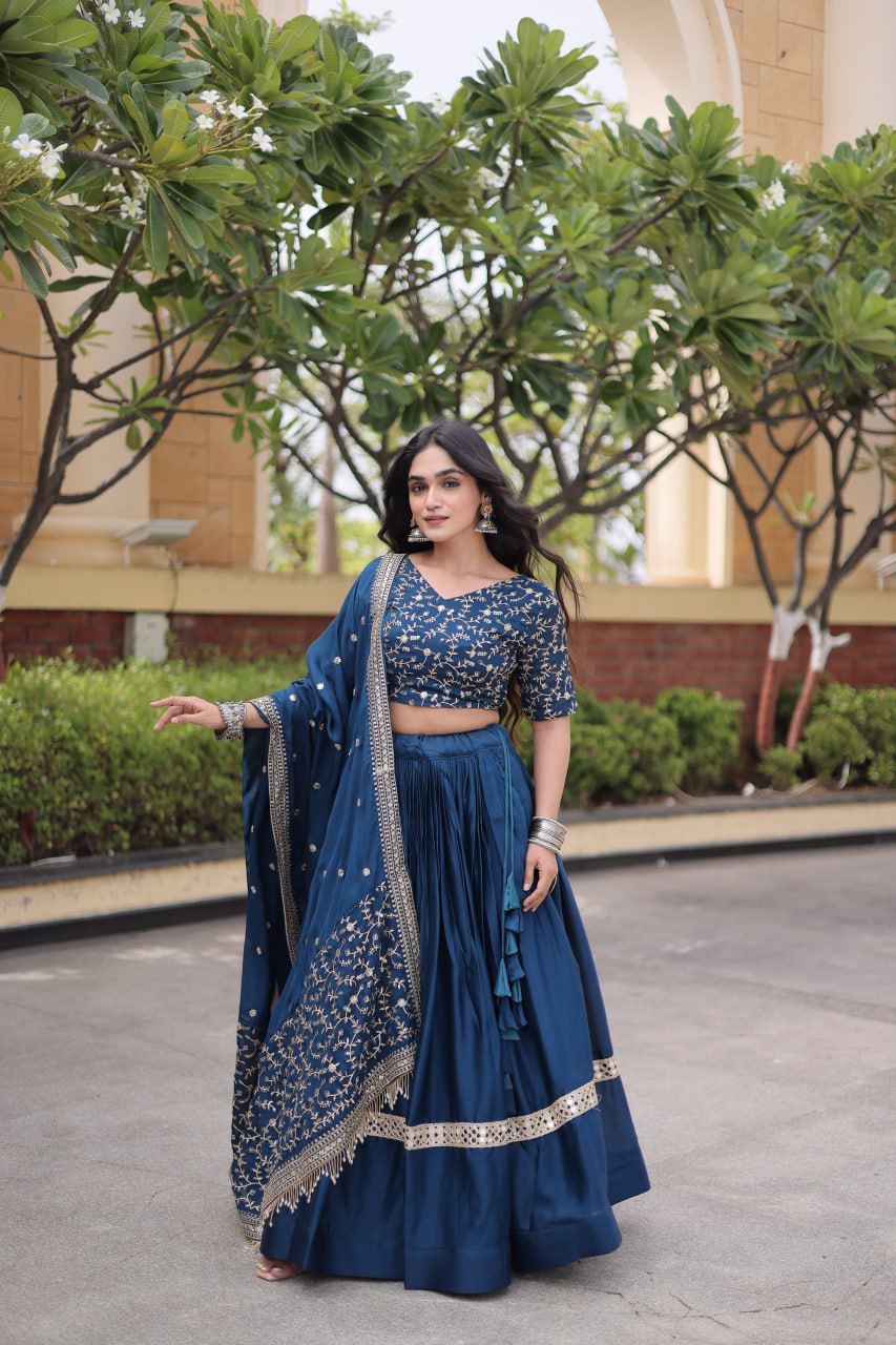 Navy Blue Glory Satin Embroidered Lehenga Choli Set