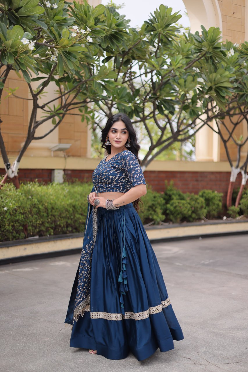 Navy Blue Glory Satin Embroidered Lehenga Choli Set