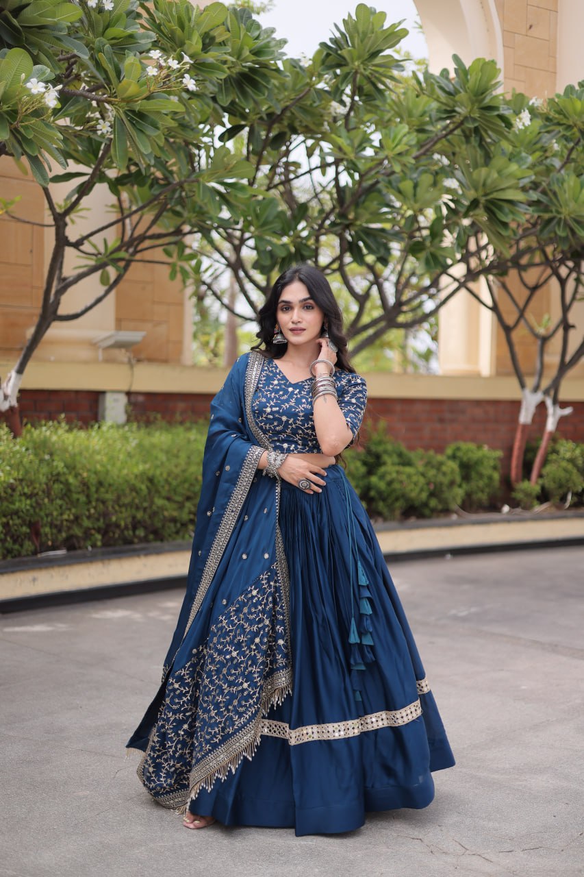 Navy Blue Glory Satin Embroidered Lehenga Choli Set