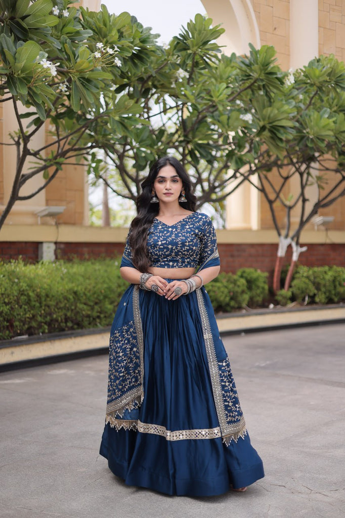 Navy Blue Glory Satin Embroidered Lehenga Choli Set