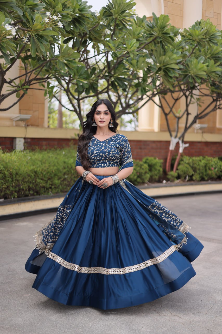 Navy Blue Glory Satin Embroidered Lehenga Choli Set
