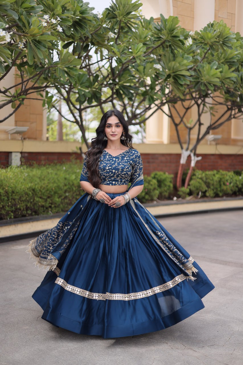 Navy Blue Glory Satin Embroidered Lehenga Choli Set