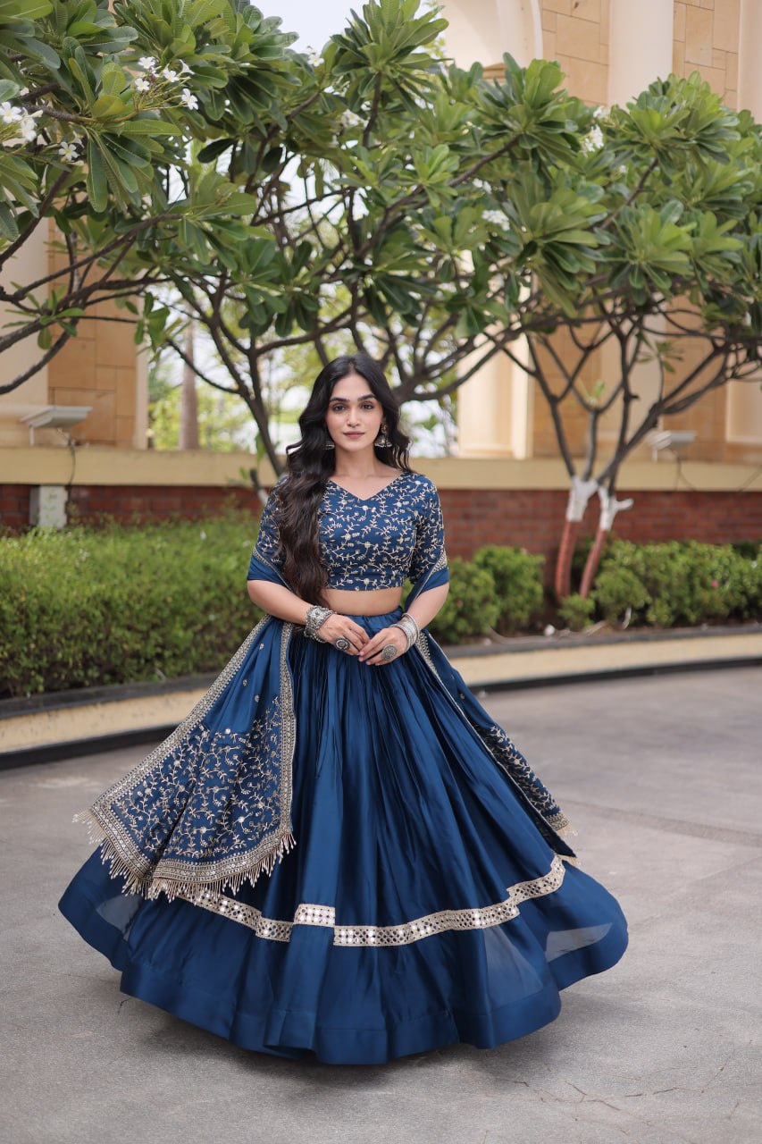 Navy Blue Glory Satin Embroidered Lehenga Choli Set