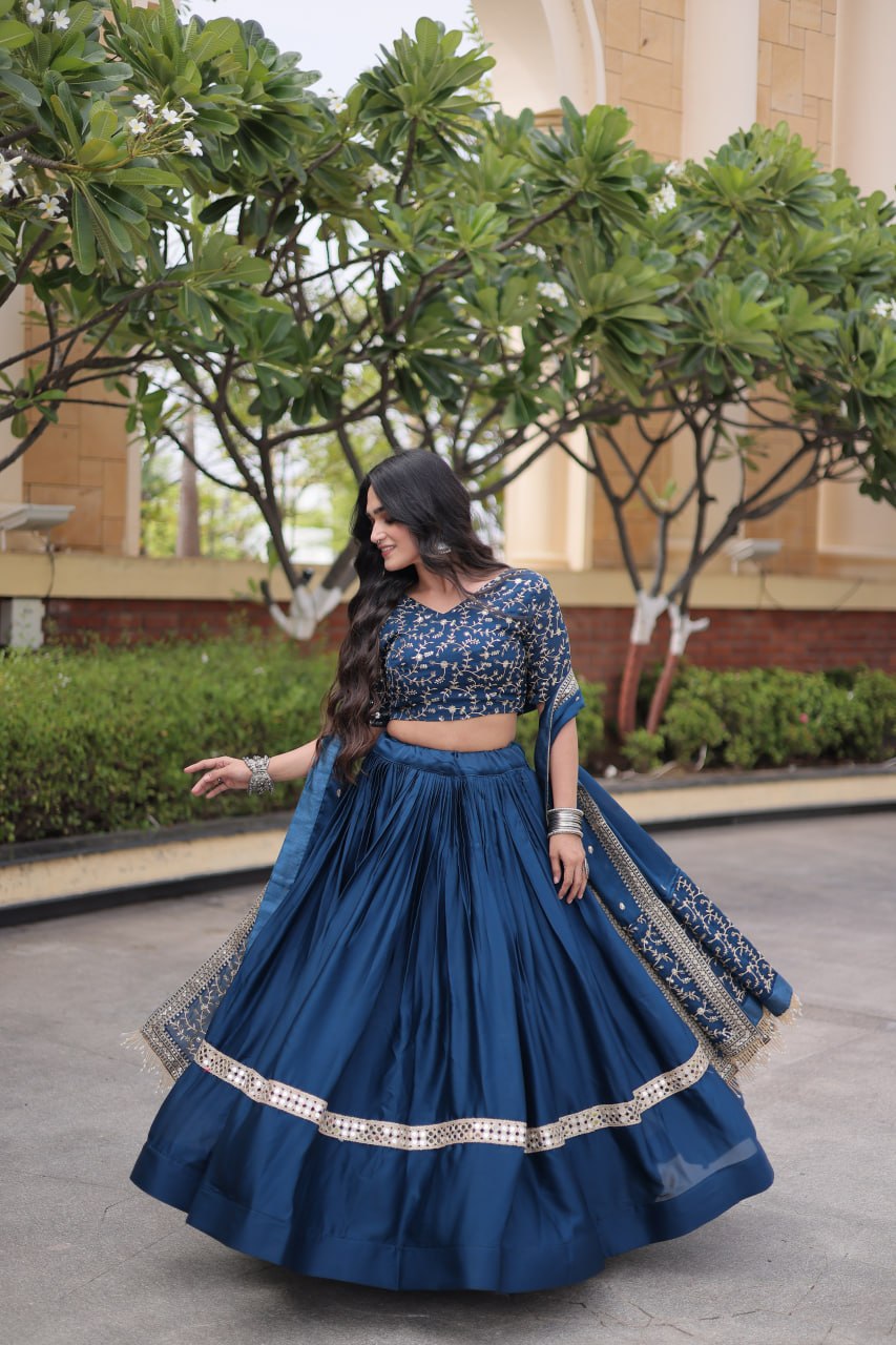 Navy Blue Glory Satin Embroidered Lehenga Choli Set