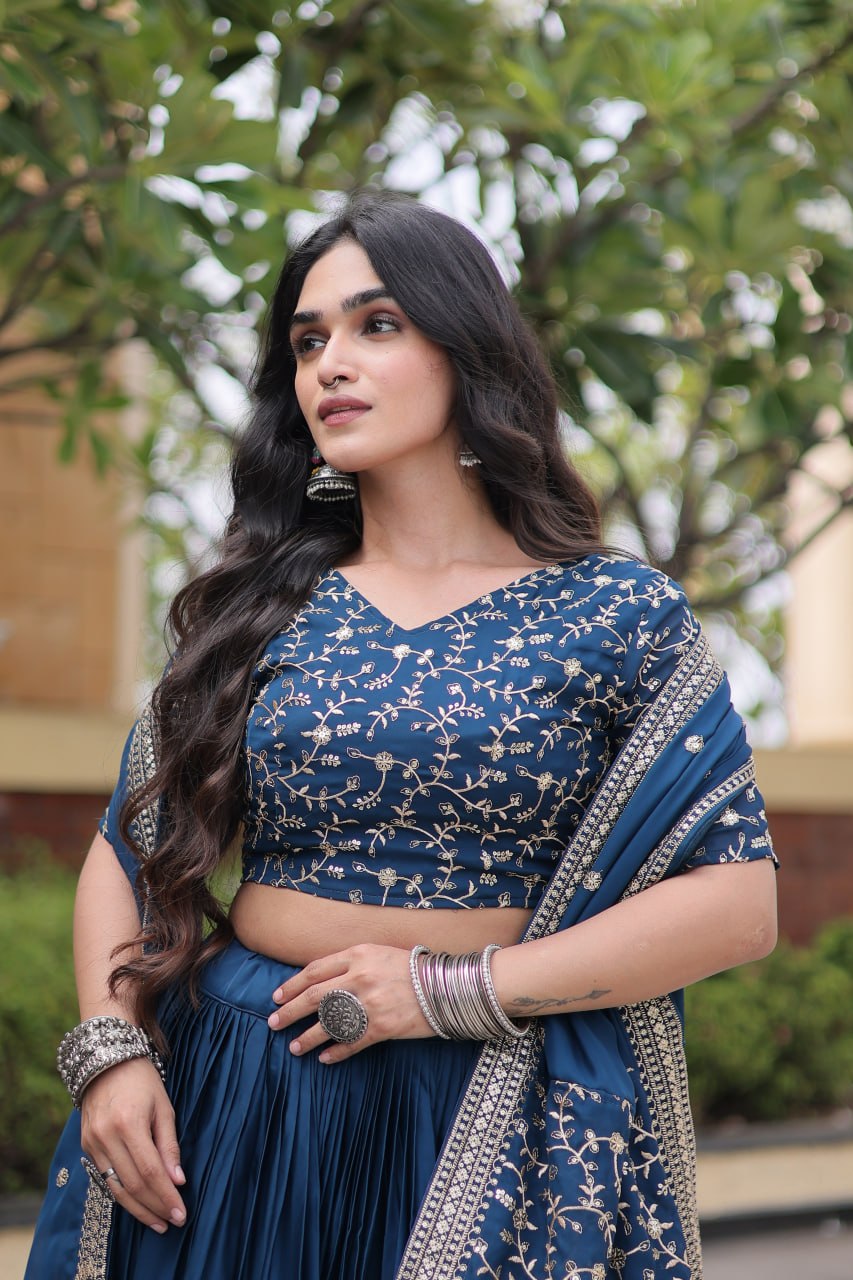 Navy Blue Glory Satin Embroidered Lehenga Choli Set
