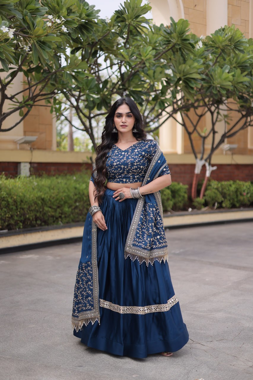 Navy Blue Glory Satin Embroidered Lehenga Choli Set
