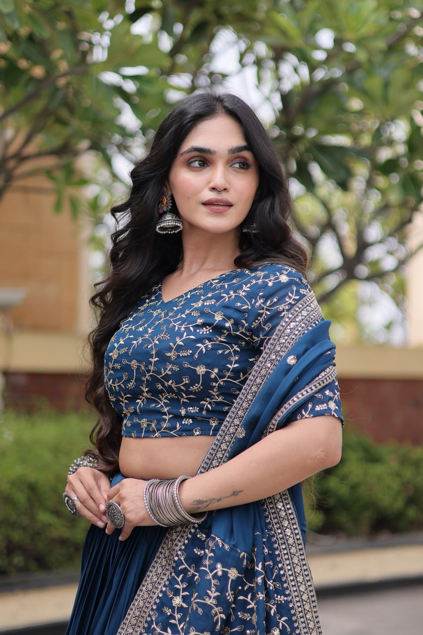 Navy Blue Glory Satin Embroidered Lehenga Choli Set