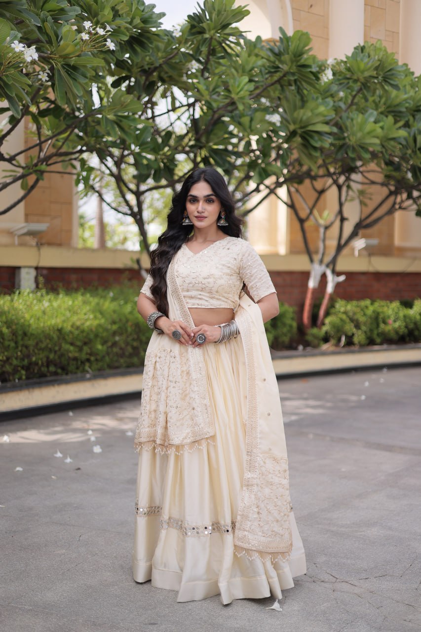 Ivory Cream Glory Satin Embroidered Lehenga Choli Set