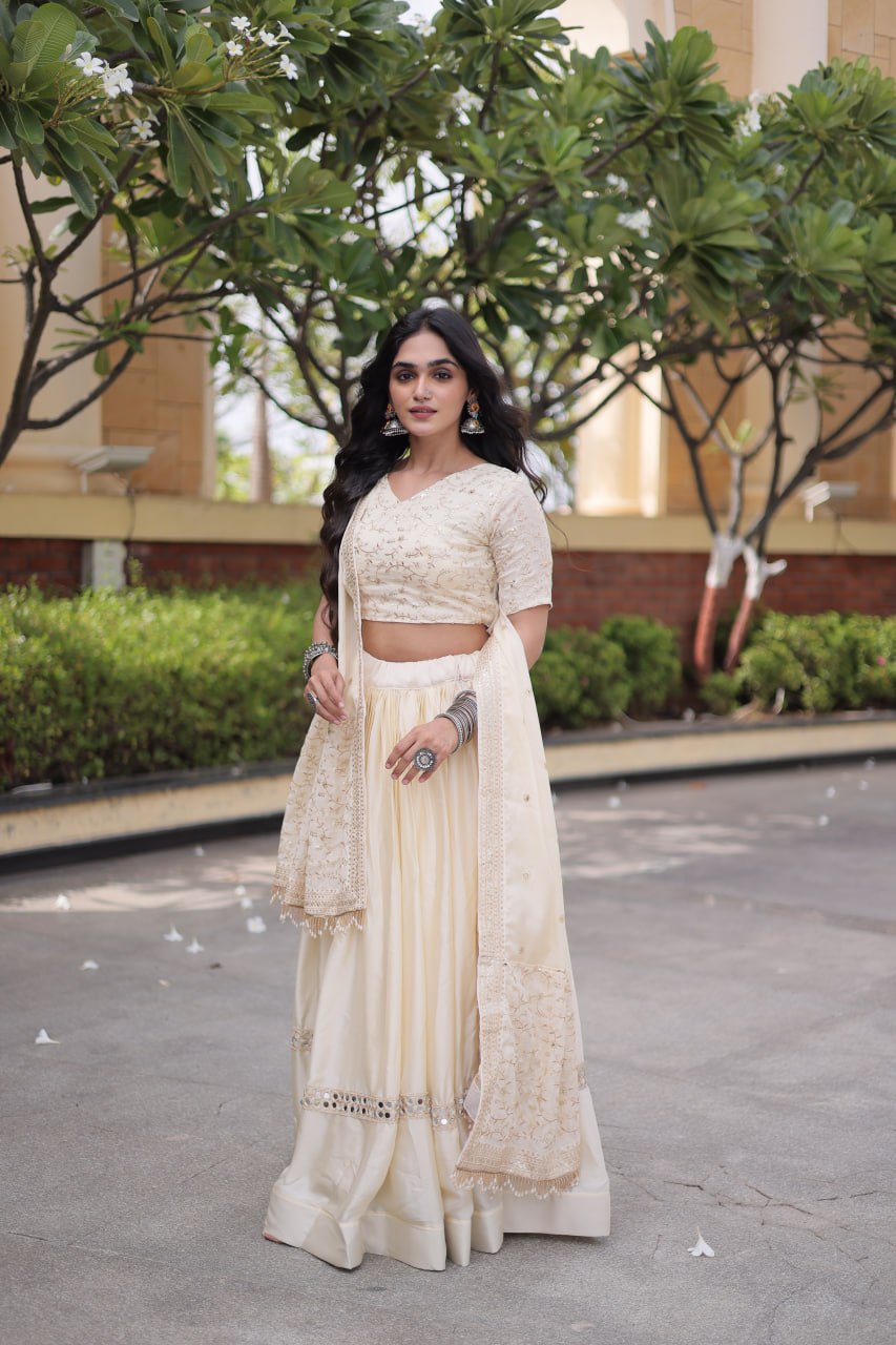Ivory Cream Glory Satin Embroidered Lehenga Choli Set