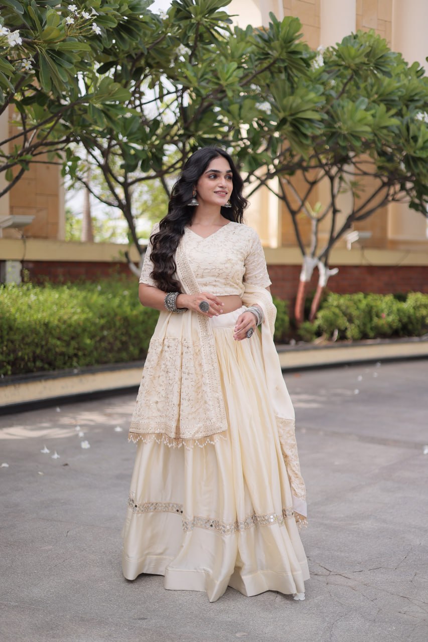 Ivory Cream Glory Satin Embroidered Lehenga Choli Set