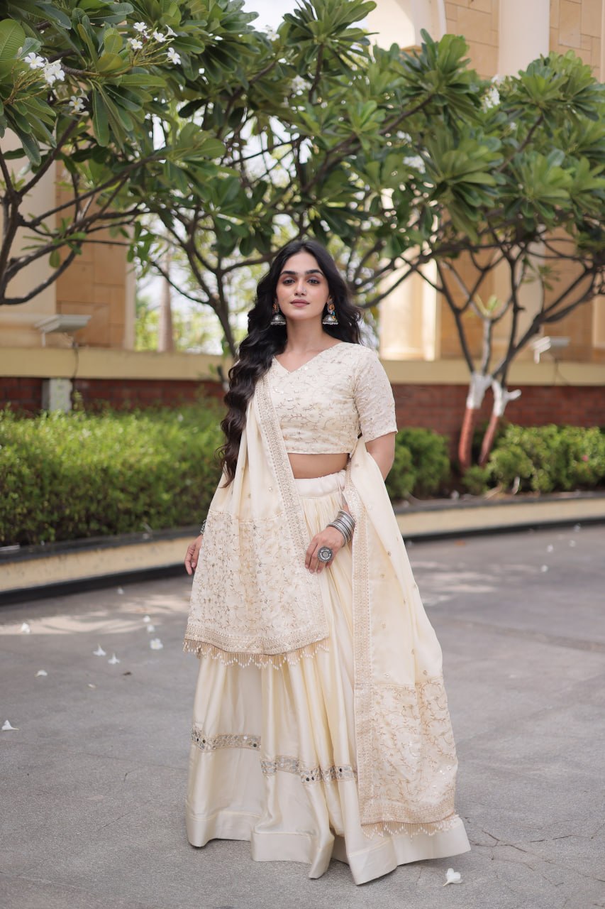 Ivory Cream Glory Satin Embroidered Lehenga Choli Set