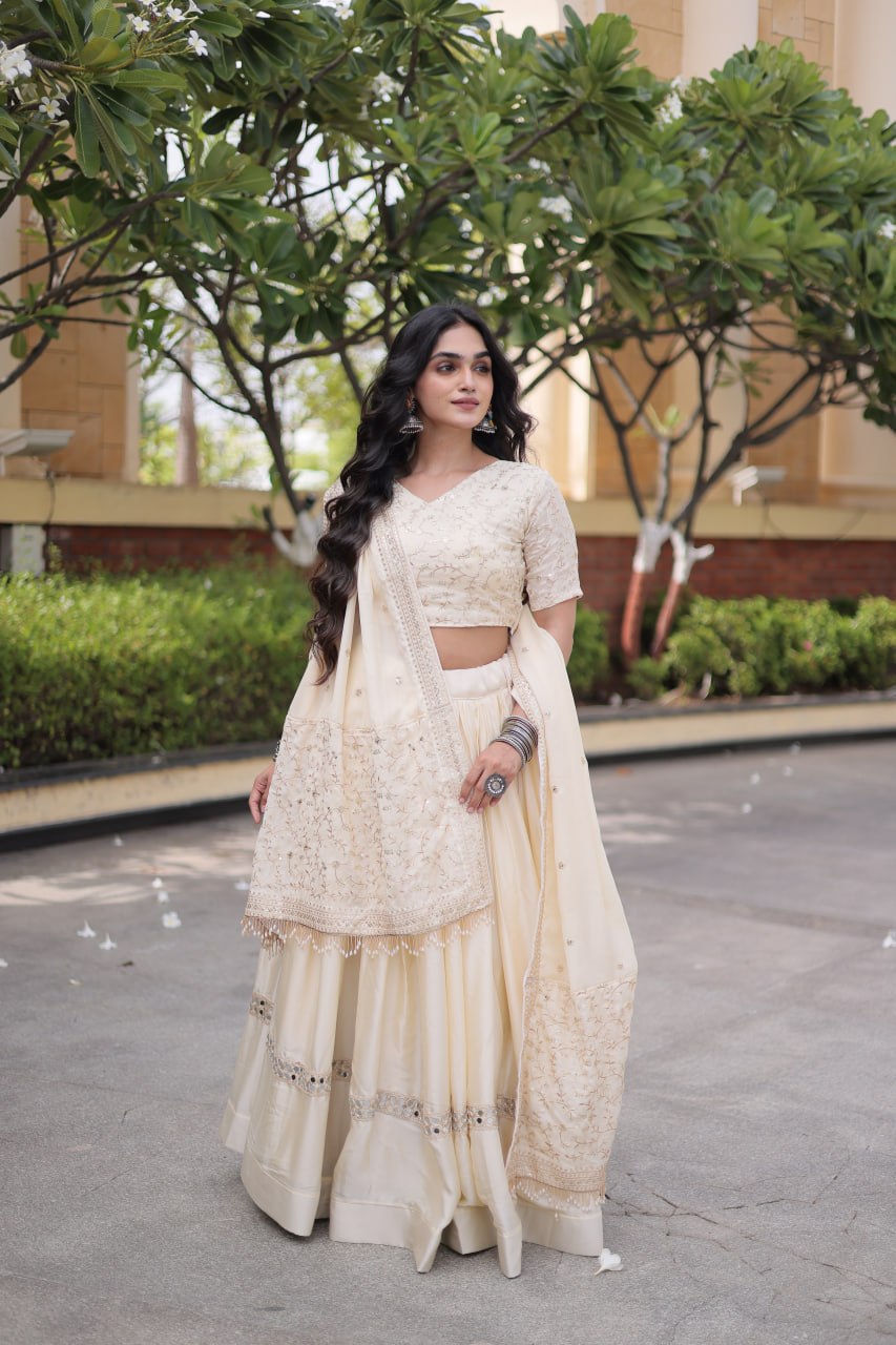 Ivory Cream Glory Satin Embroidered Lehenga Choli Set