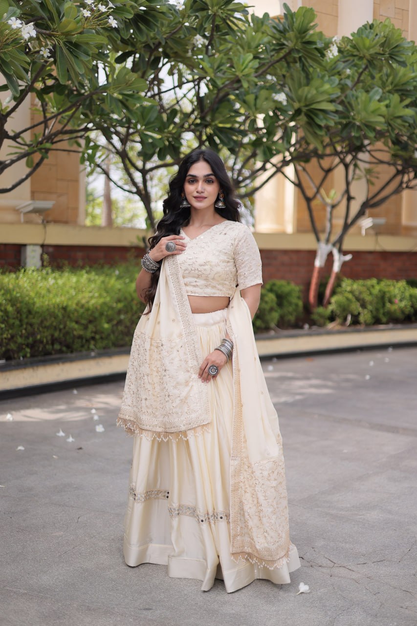 Ivory Cream Glory Satin Embroidered Lehenga Choli Set