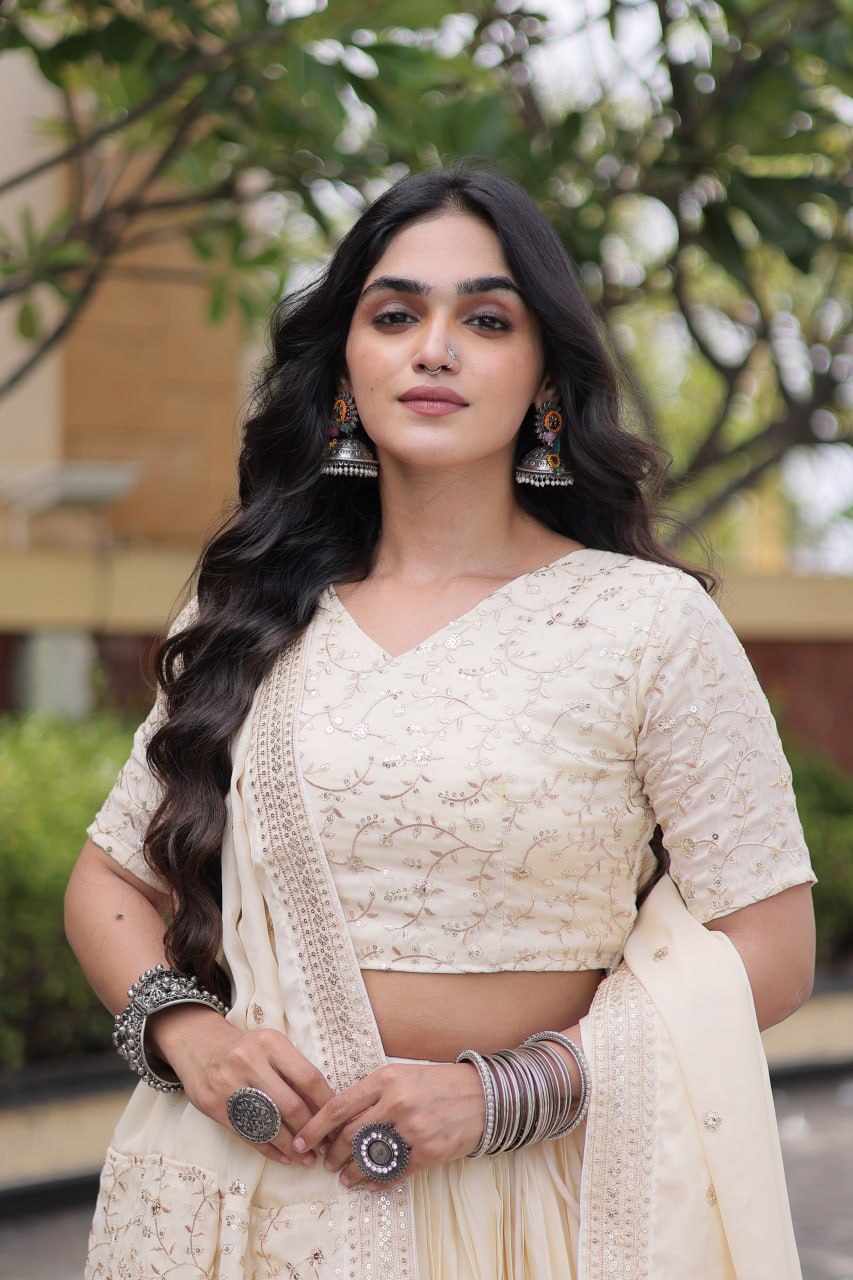 Ivory Cream Glory Satin Embroidered Lehenga Choli Set