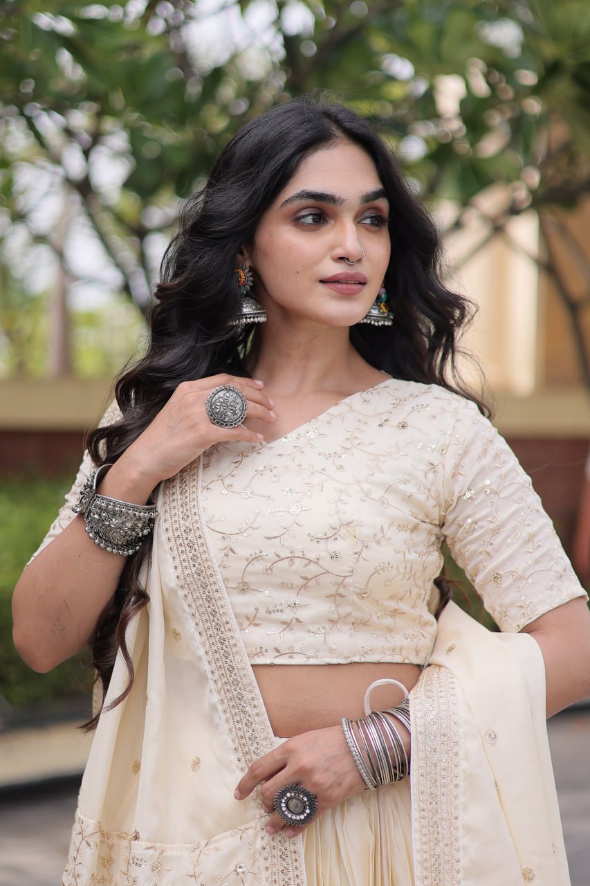 Ivory Cream Glory Satin Embroidered Lehenga Choli Set