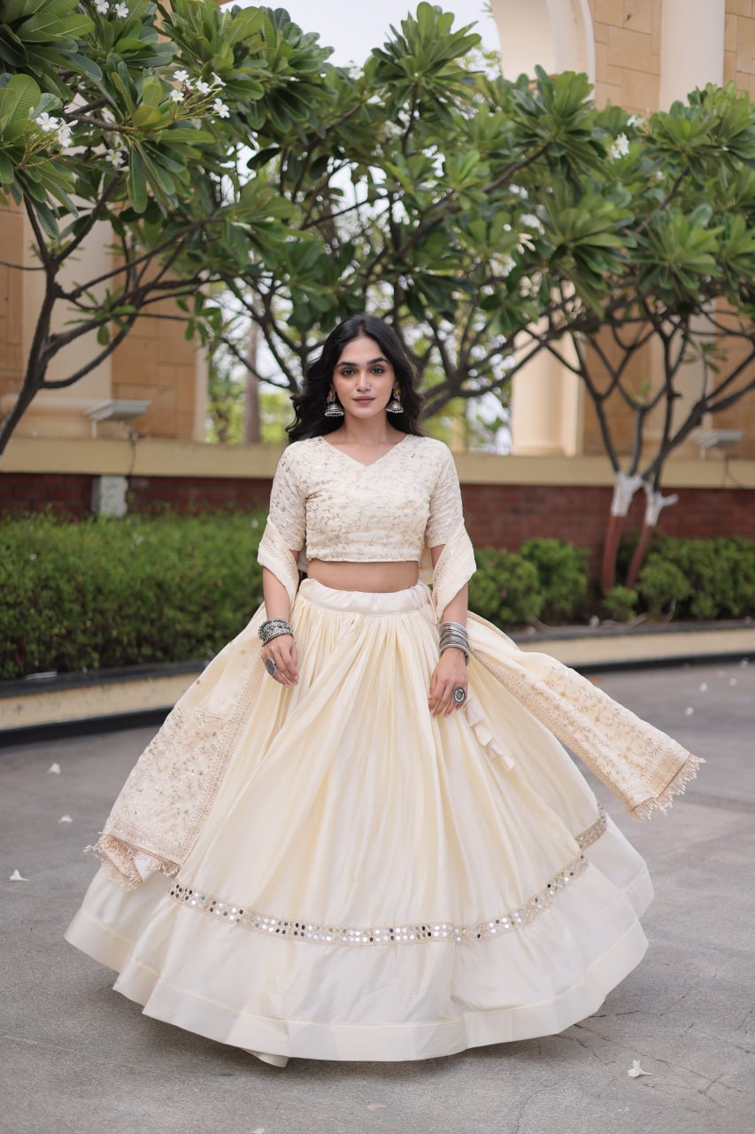 Ivory Cream Glory Satin Embroidered Lehenga Choli Set
