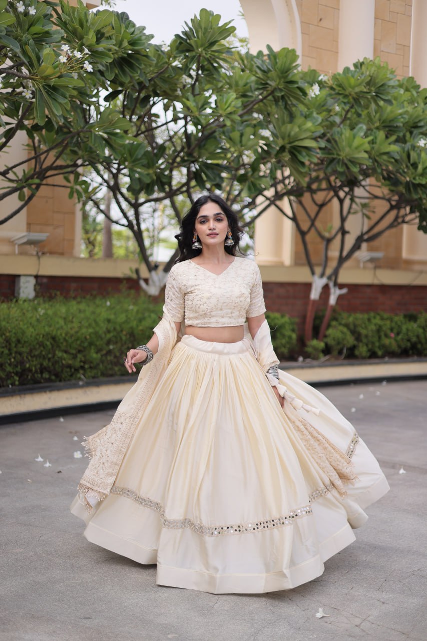 Ivory Cream Glory Satin Embroidered Lehenga Choli Set