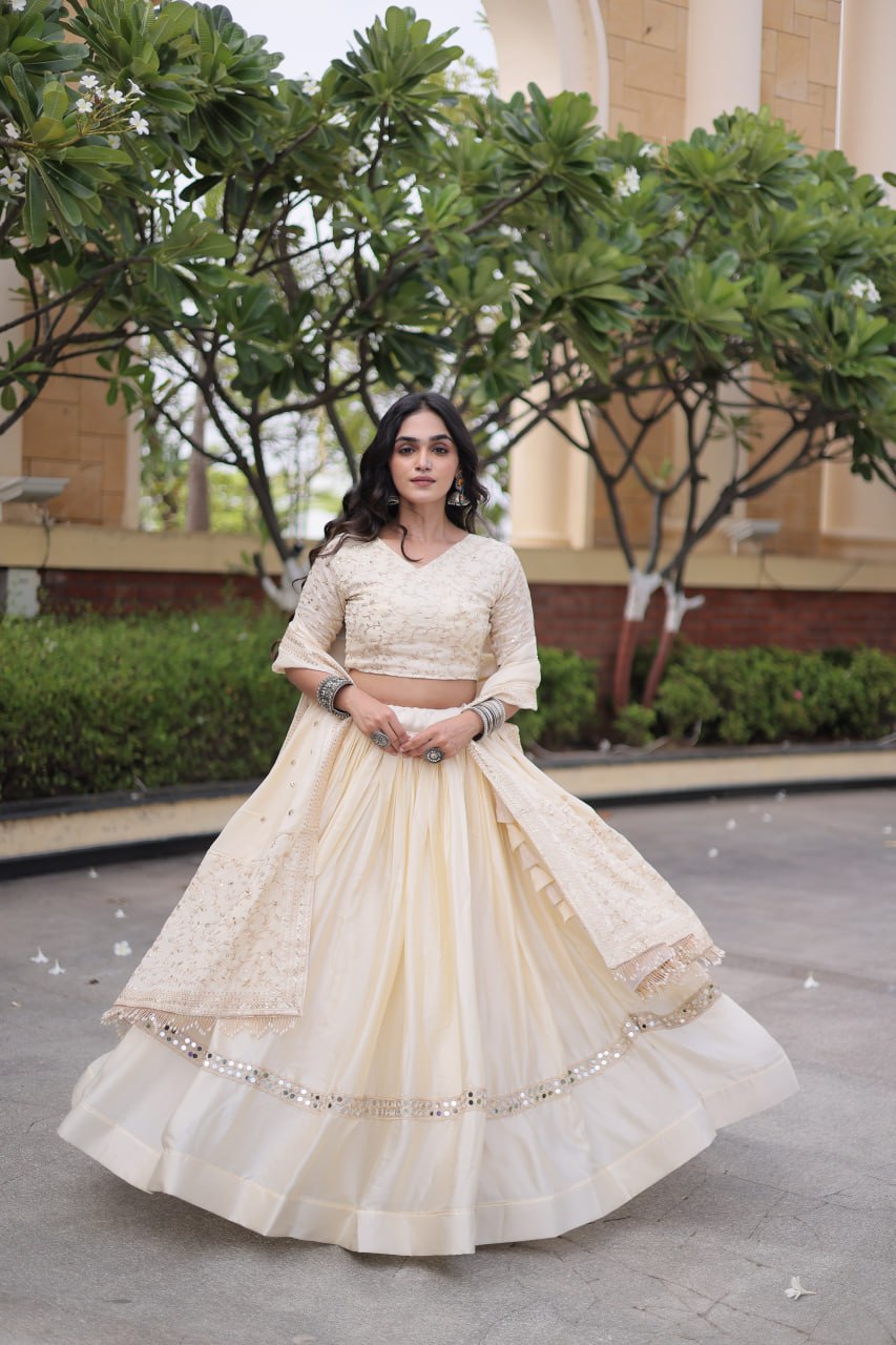 Ivory Cream Glory Satin Embroidered Lehenga Choli Set