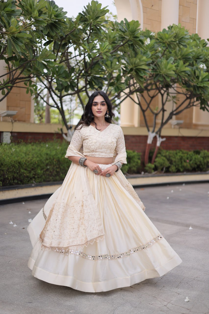 Ivory Cream Glory Satin Embroidered Lehenga Choli Set