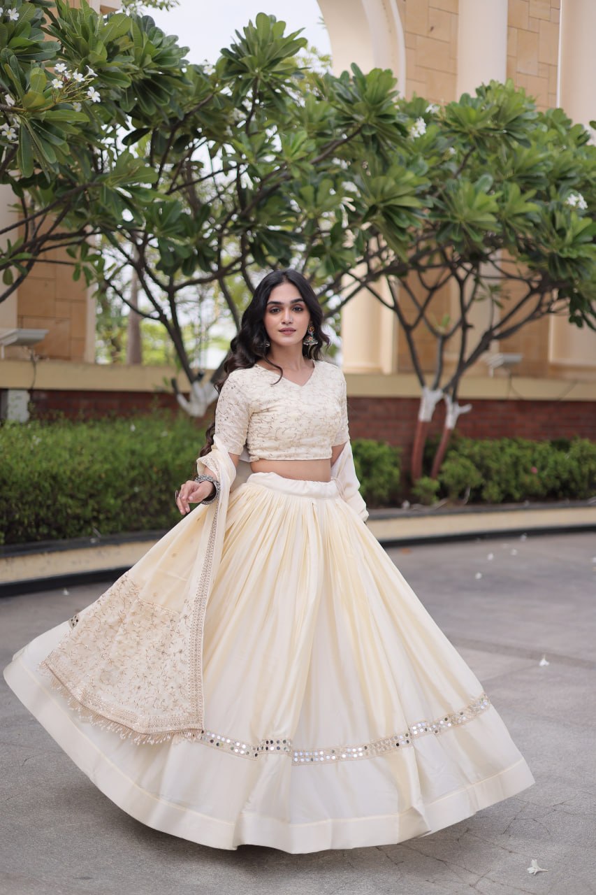 Ivory Cream Glory Satin Embroidered Lehenga Choli Set
