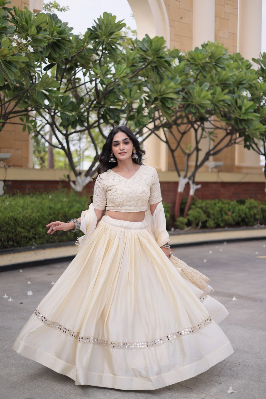 Ivory Cream Glory Satin Embroidered Lehenga Choli Set