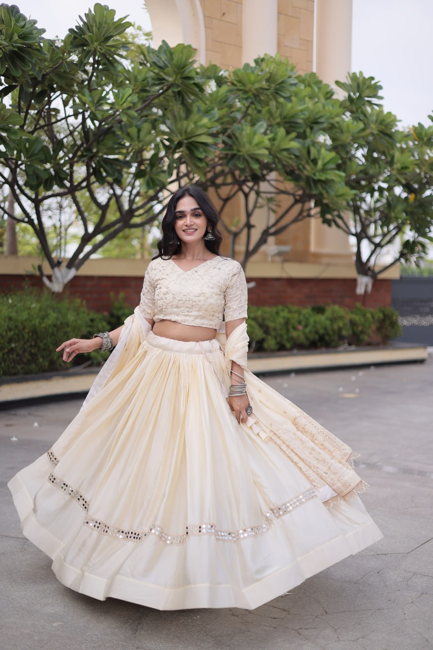 Ivory Cream Glory Satin Embroidered Lehenga Choli Set
