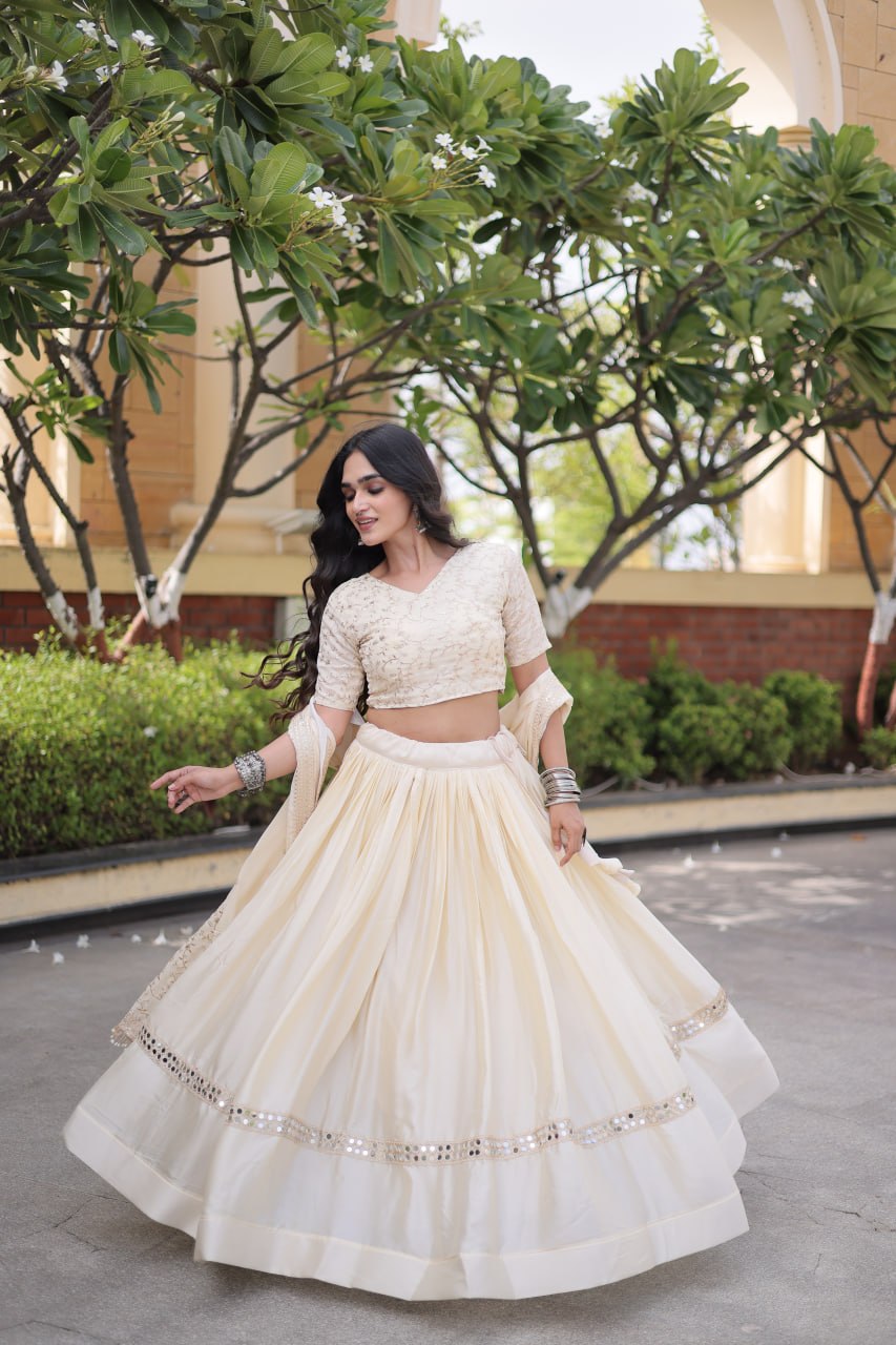 Ivory Cream Glory Satin Embroidered Lehenga Choli Set