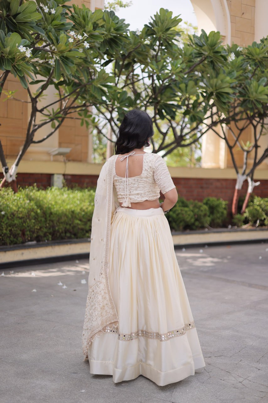 Ivory Cream Glory Satin Embroidered Lehenga Choli Set