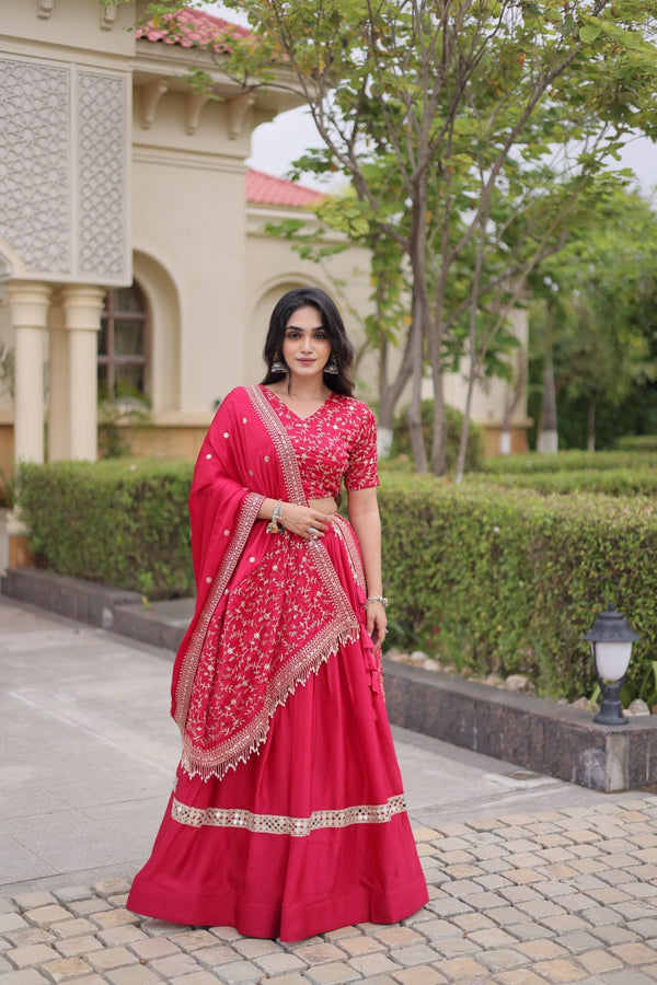 Pink Glory Satin Embroidered Lehenga Choli Set