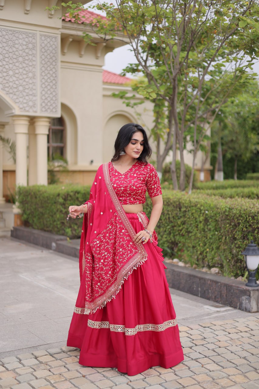 Pink Glory Satin Embroidered Lehenga Choli Set