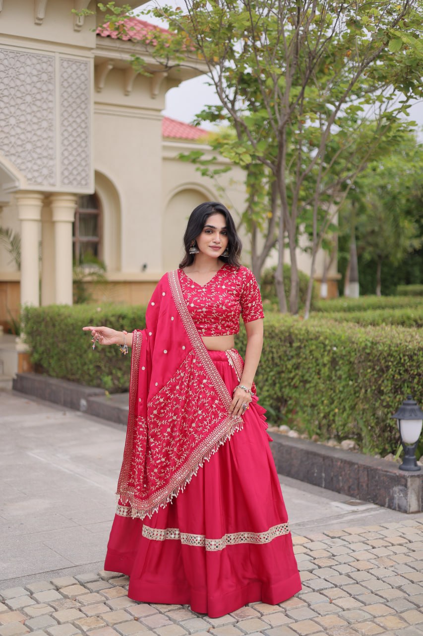 Pink Glory Satin Embroidered Lehenga Choli Set