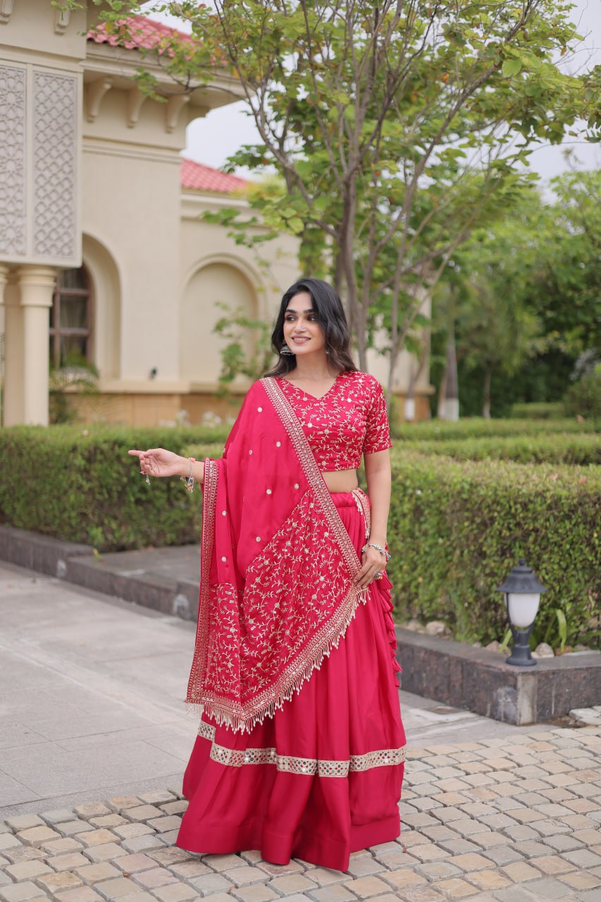Pink Glory Satin Embroidered Lehenga Choli Set