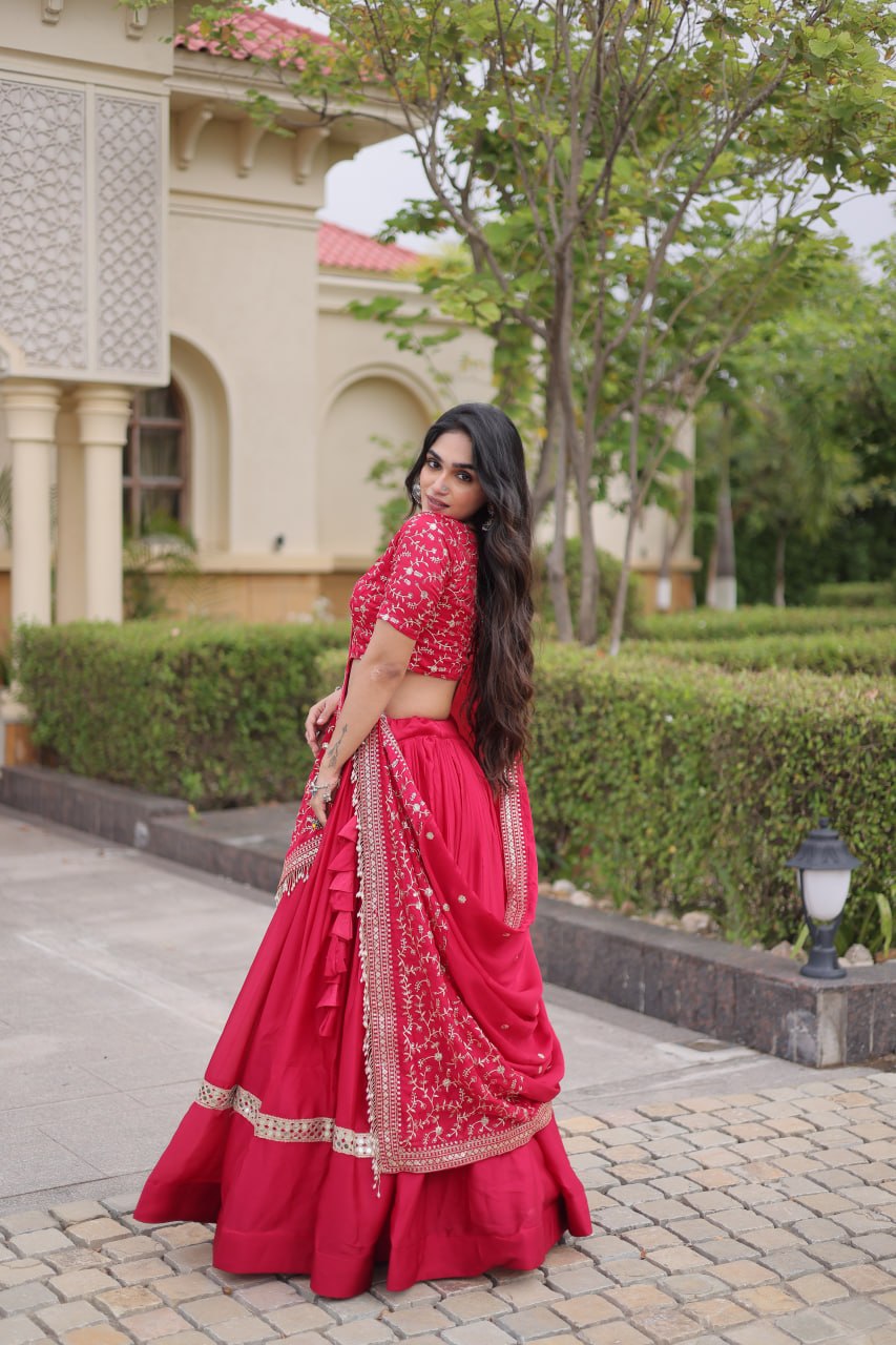 Pink Glory Satin Embroidered Lehenga Choli Set