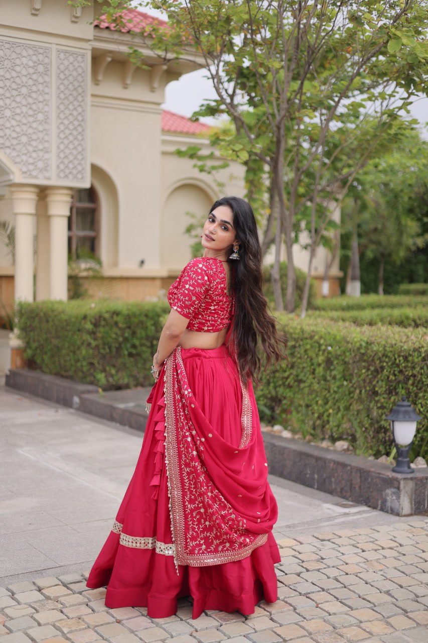 Pink Glory Satin Embroidered Lehenga Choli Set