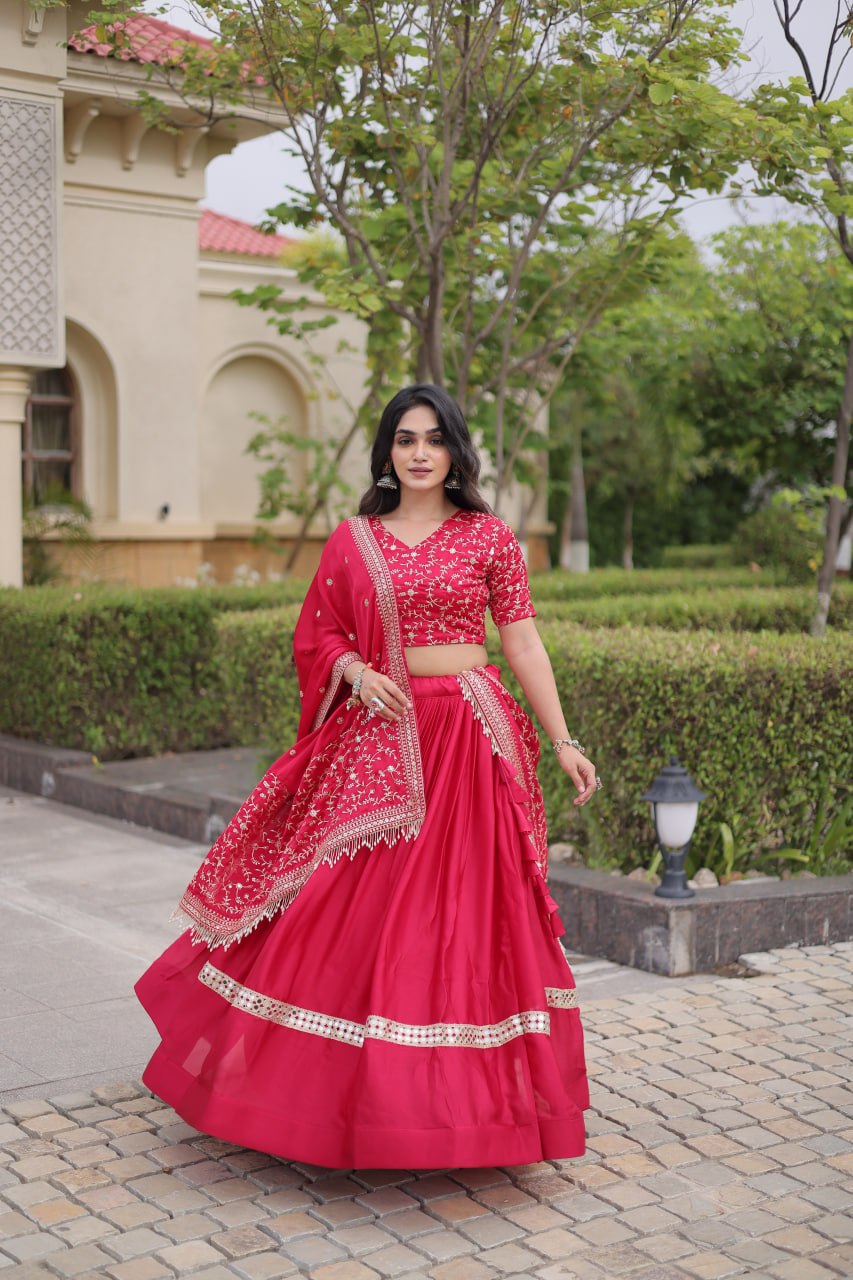 Pink Glory Satin Embroidered Lehenga Choli Set