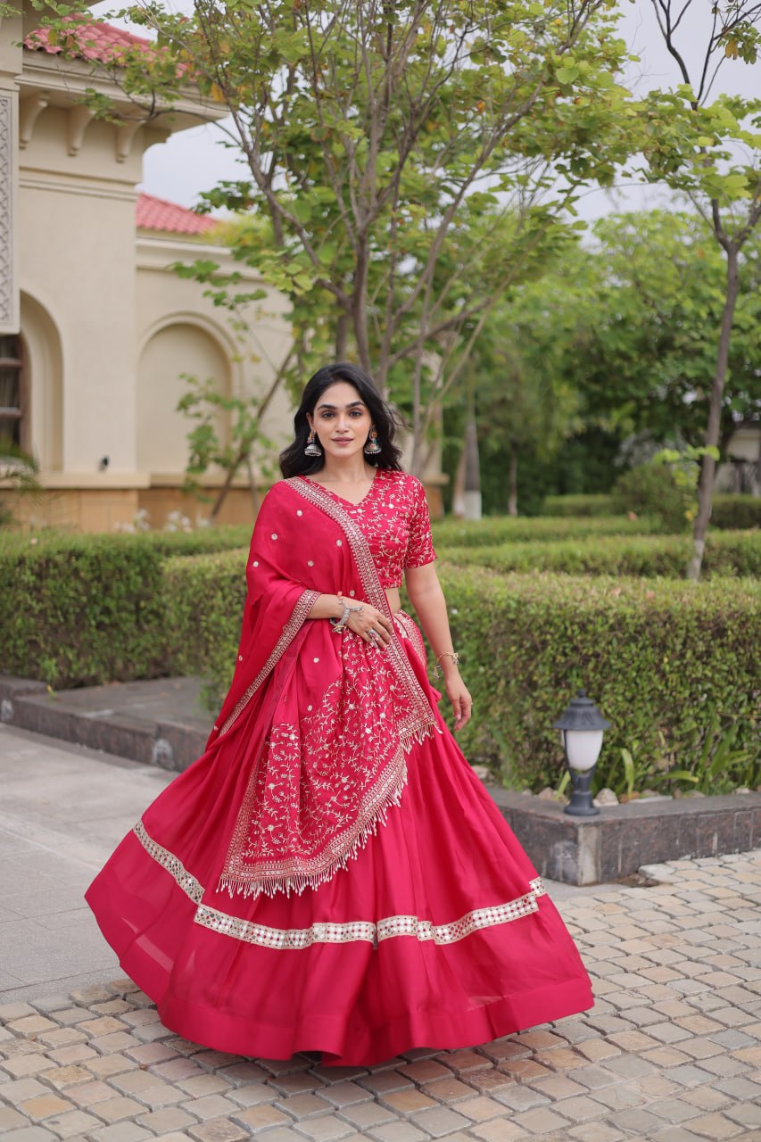 Pink Glory Satin Embroidered Lehenga Choli Set