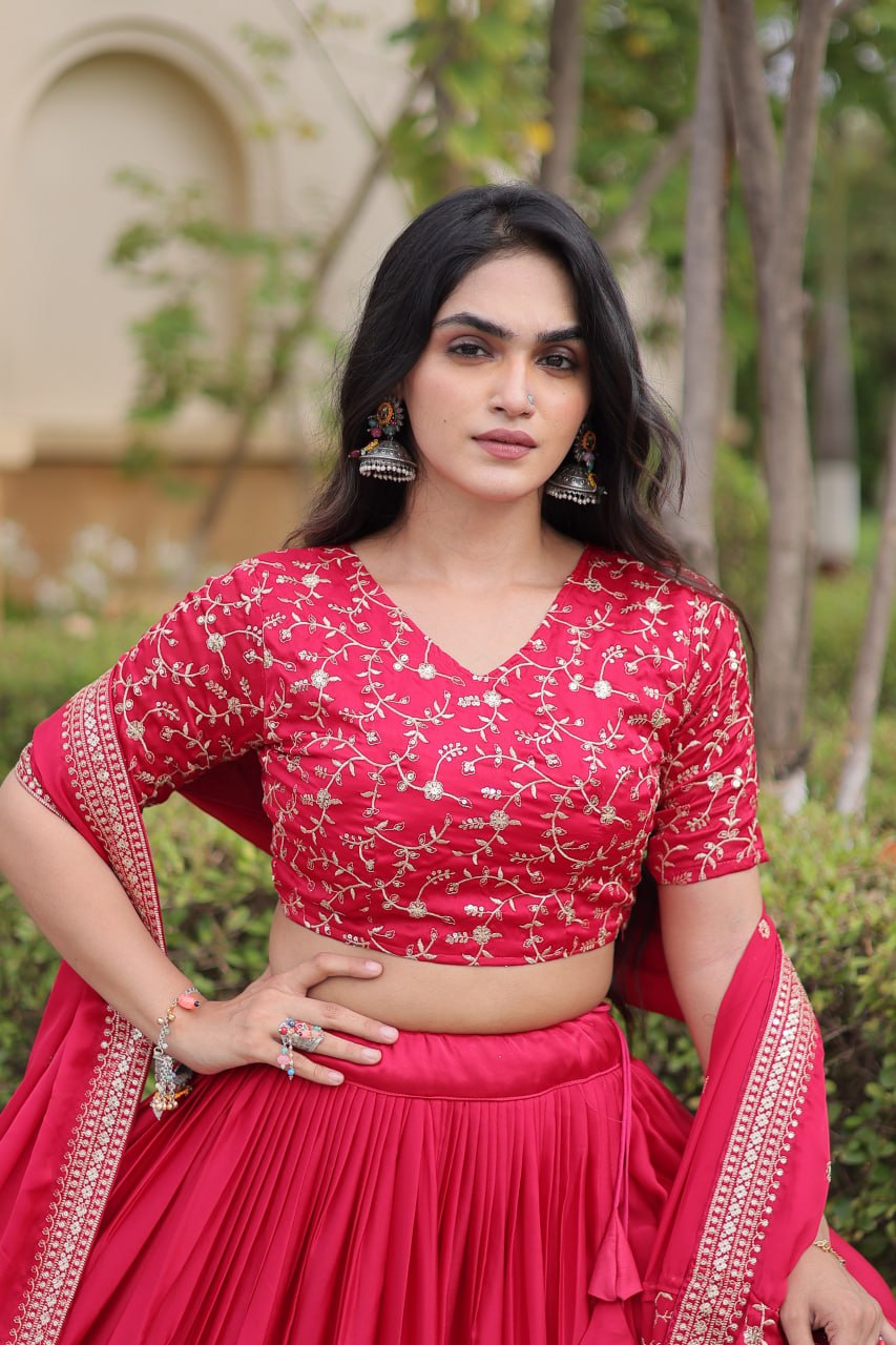 Pink Glory Satin Embroidered Lehenga Choli Set
