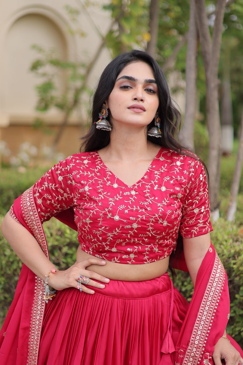 Pink Glory Satin Embroidered Lehenga Choli Set