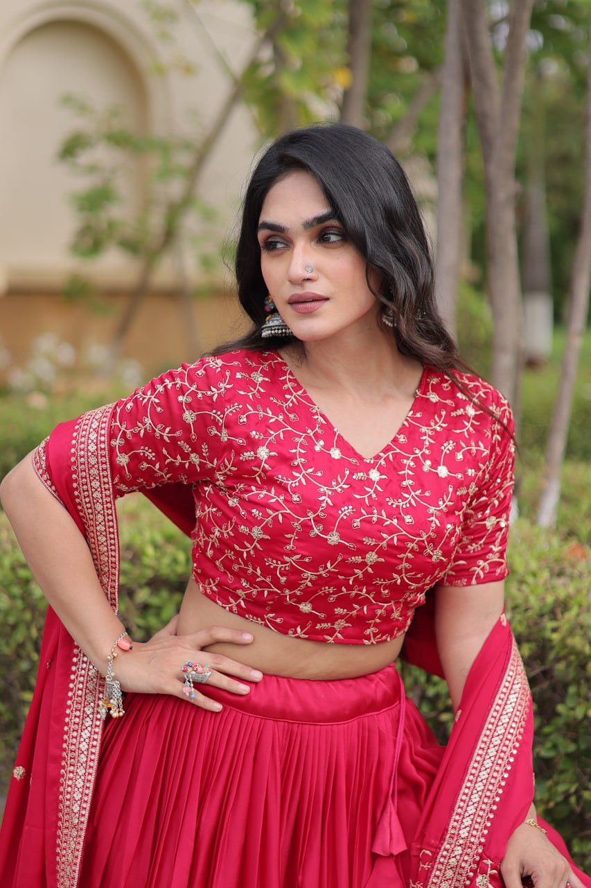 Pink Glory Satin Embroidered Lehenga Choli Set