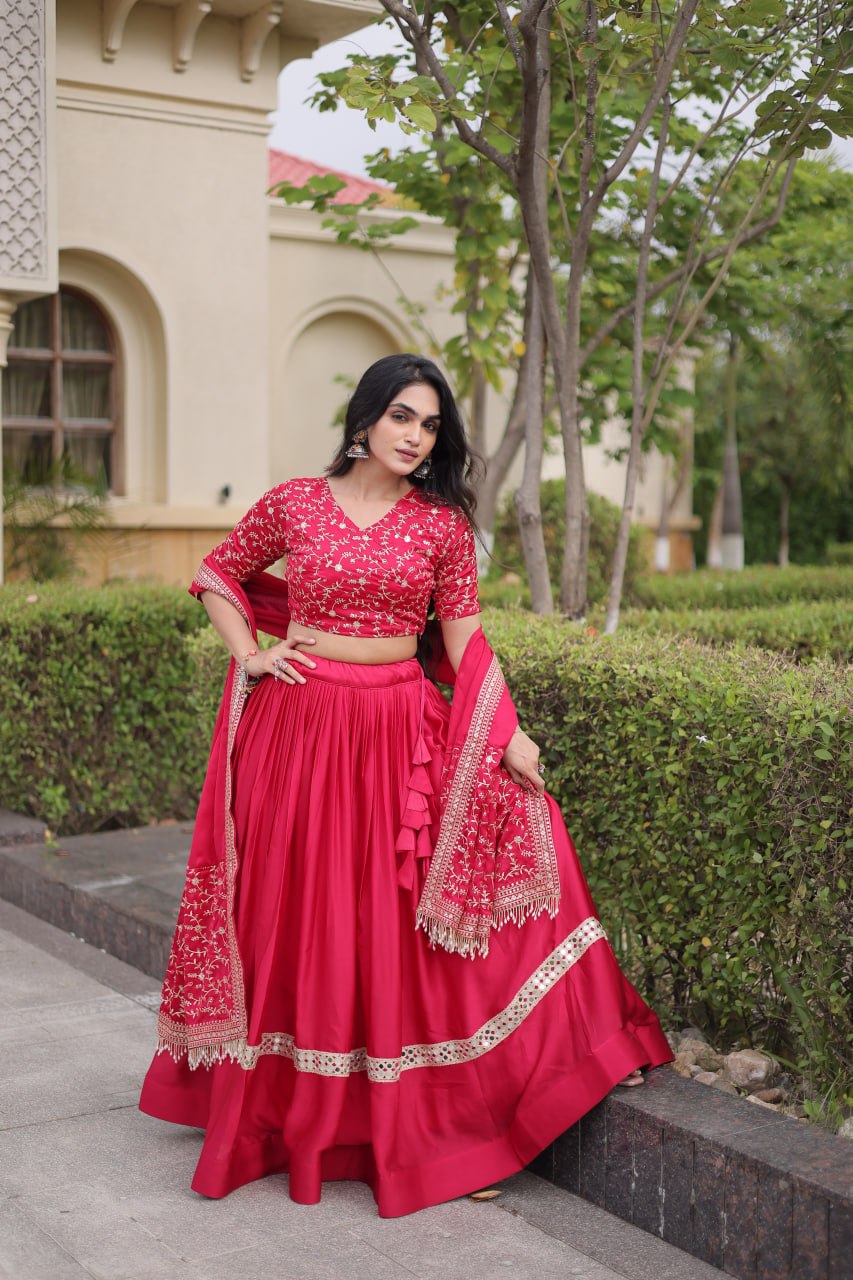 Pink Glory Satin Embroidered Lehenga Choli Set