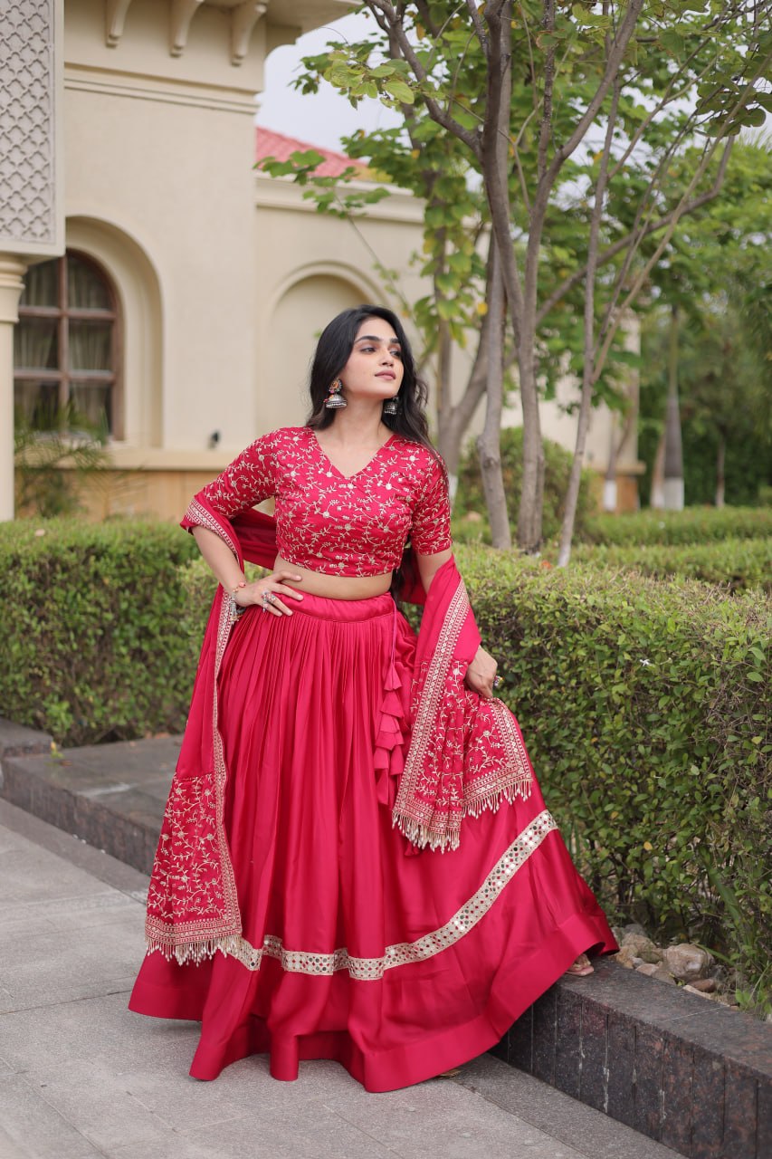 Pink Glory Satin Embroidered Lehenga Choli Set