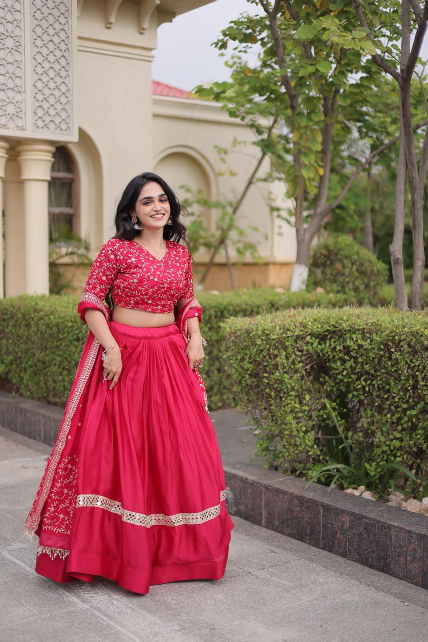 Pink Glory Satin Embroidered Lehenga Choli Set