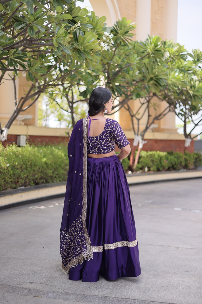 Purple Glory Satin Embroidered Lehenga Choli Set