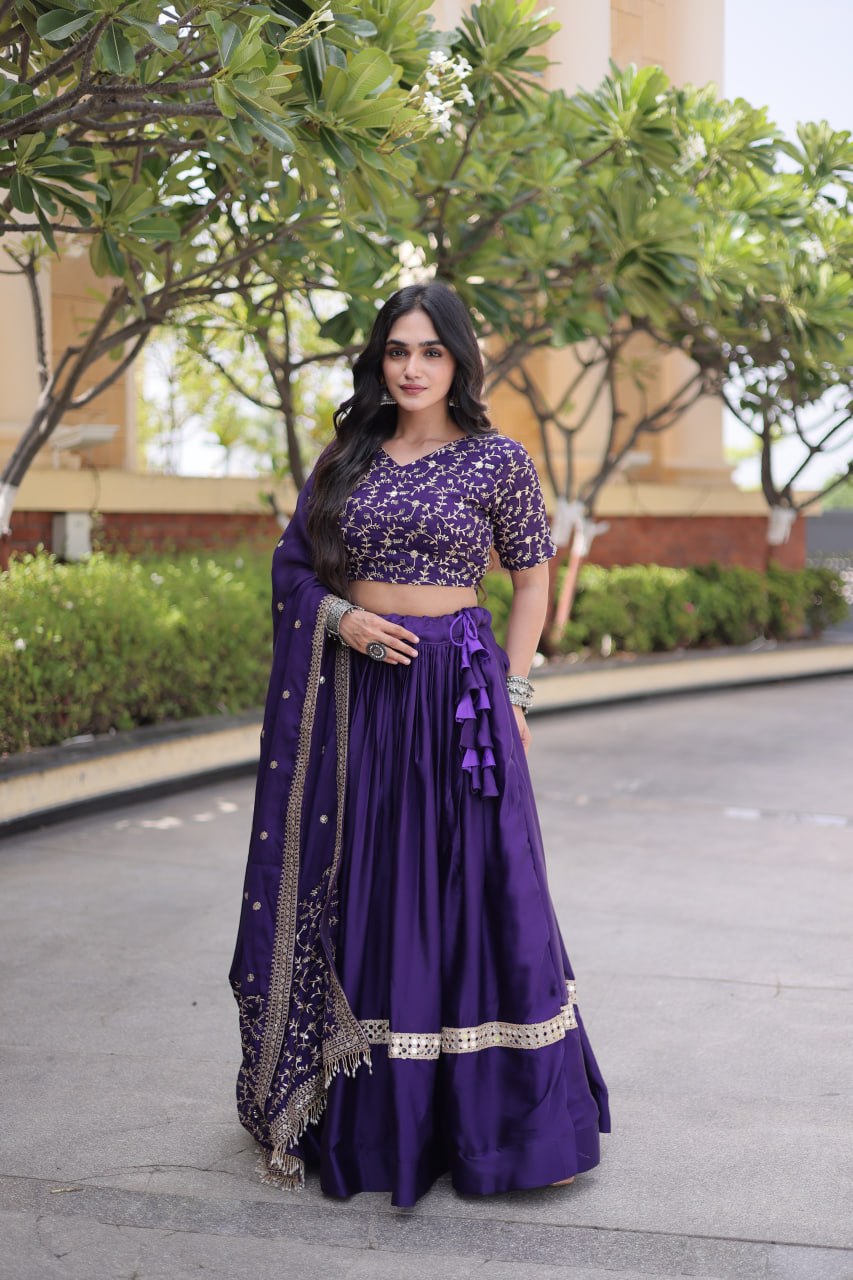 Purple Glory Satin Embroidered Lehenga Choli Set