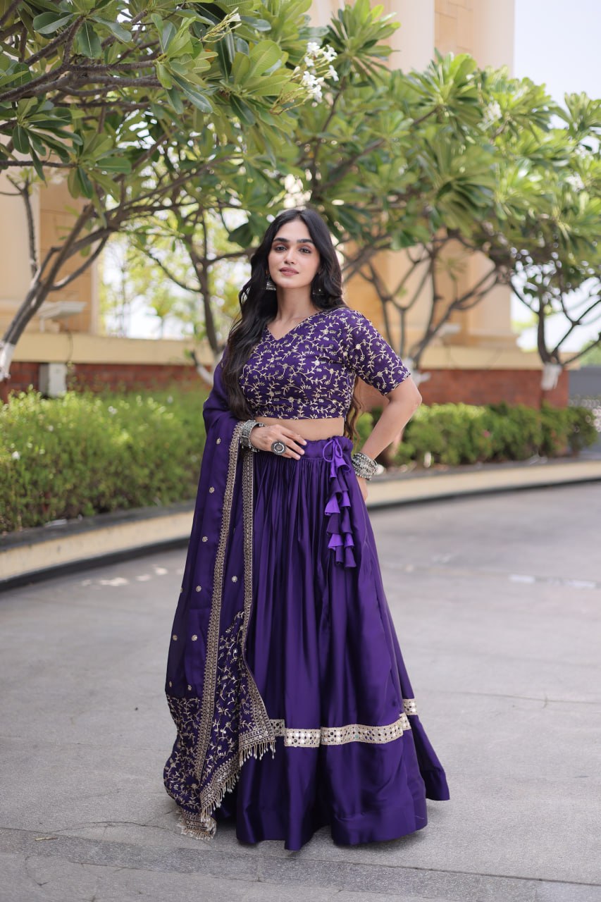 Purple Glory Satin Embroidered Lehenga Choli Set